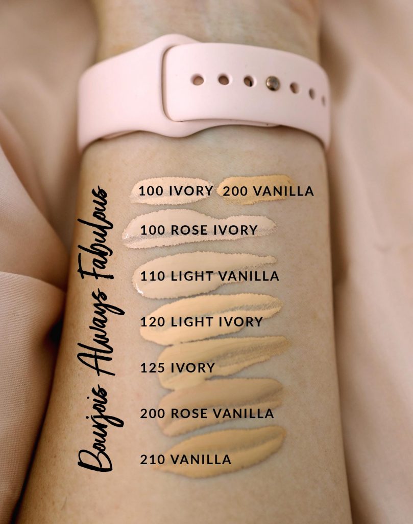 Najlepszy podkład Bourjois Always Fabulous dostępny jest w wielu odcieniach: 100 Rose Ivory, 110 Light Vanilla, 120 Light Ivory, 125 Ivory, 200 Rose Vanilla, 210 Vanilla – dowiedz się, jak dobrać podkład do cery.